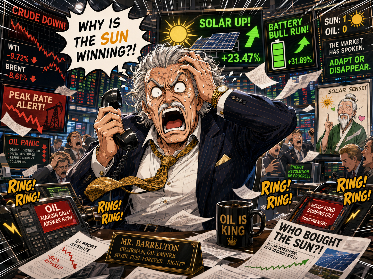 Mr. Barrelton panics on the energy trading floor